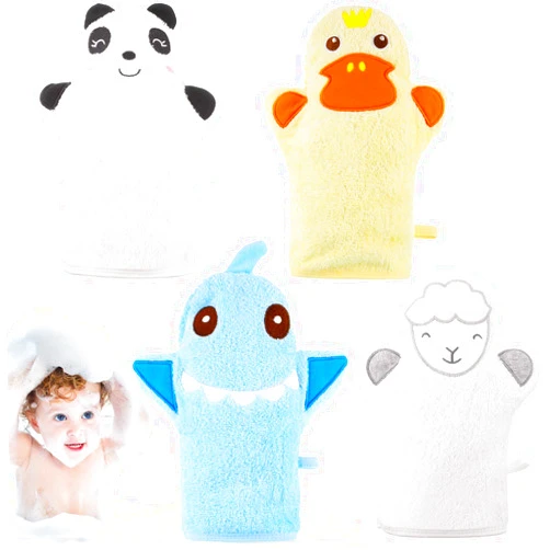 Shappy 4 Pieces Baby Bath Mitt Washcloths Gloves Designed in Nice Cute Animal Style Yellow Duck Shark Panda Sheep Cotton Towel Gentle Scrub for Baby Toddler Kids Bath and Shower