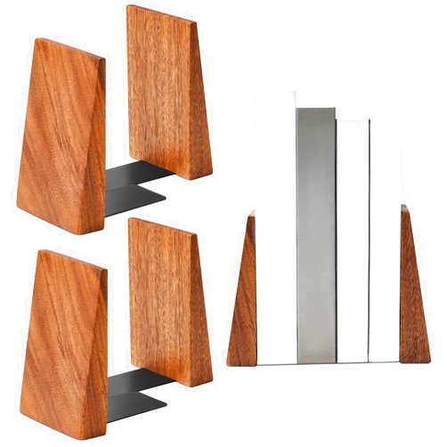 Thyle 4 Pcs Handmade Wooden Book Ends for Shelves, Thickened Wooden Book Ends Heavy Duty Bookends with Metal Base, Non Skid Wood Bookends Fancy Modern Creative Decorative Book Holders Desk Accessories