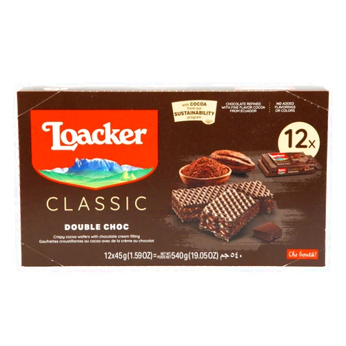 Loacker Classic Double Choc Wafers - Premium Crispy Cocoa Wafer Cookies with Chocolate Cream Filling - Multipack of 12 Snack Packs - NON-GMO - Sustainably Sourced Cocoa - 45g/1.59oz, Pack of 12