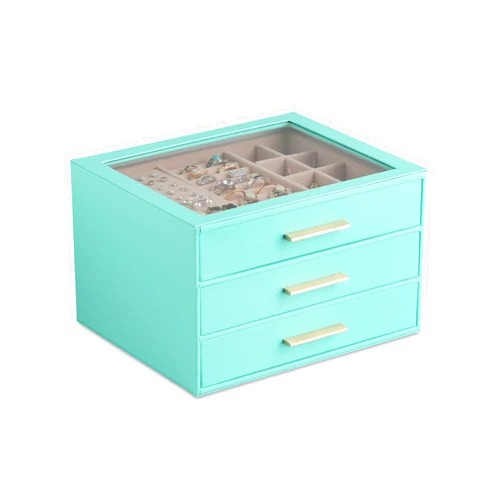 Frebeauty Clear Lid Jewelry Box,3-Layer Jewelry Organizer with Drawer,PU Leather Jewelry Organizers and Storage,Jewelry Boxes for Women,Jewelry Storage for Rings Earring Stud,Gift for Women(Turquoise)