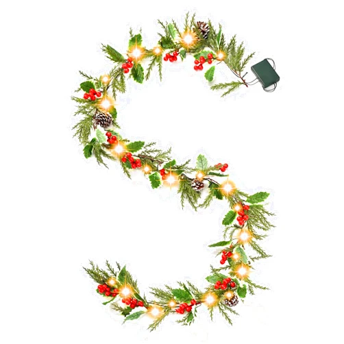 CENMORISE 9FT Holly Berry Garland, Artificial Cypress Garland Realistic, Pre-lit Christmas Garland Battery Operated with Timer for Holiday Winter Indoor Outdoor Party Decor
