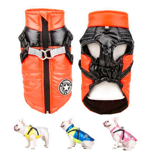 SMALLLEE_LUCKY_STORE Pet Colorblock Waterproof Winter Puffer Jacket Vest with Harness D-Ring for Small Medium Dog Cat Zip-up Padded Puppy Coat Chihuahua Yorkie French Bulldog Warm Clothes,Orange,M