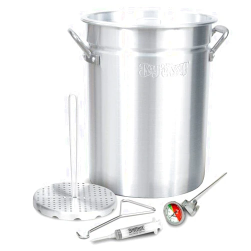Bayou Classic 3025 30-qt Aluminum Turkey Fryer Set Features 30-qt Aluminum Turkey Fryer Pot Perforated Poultry Rack & Hook 12-in Stainless Thermometer 1-oz Seasoning Injector