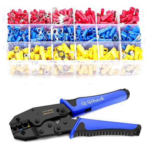 Qibaok Wire Terminals Crimping Tool, Qibaok Insulated Ratcheting Terminals Crimper Kit of AWG22-10 with 800PCS Insulated Butt Bullet Spade Fork Ring Crimp Terminals Connectors