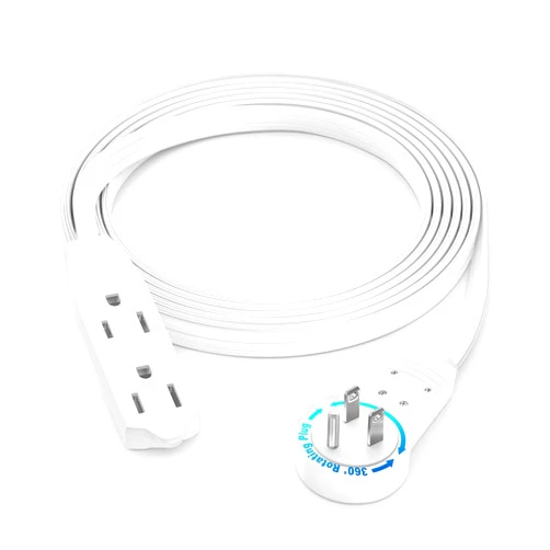Maximm Cable 6 Ft 360° Rotating Flat Plug Extension Cord/Wire, 16 AWG Multi 3 Outlet Extension Wire, 3 Prong Grounded Wire - White - UL Certified