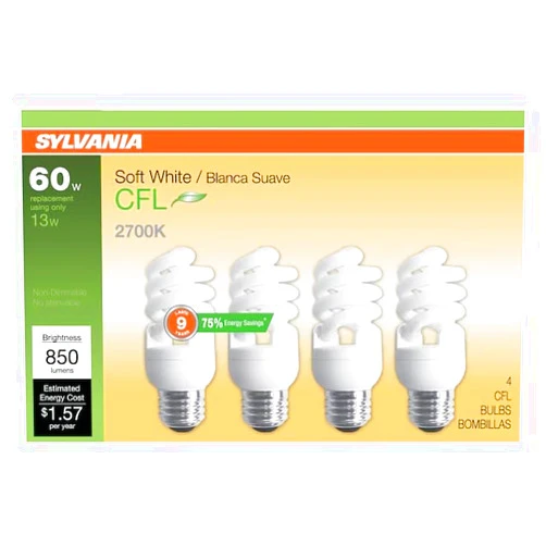 SYLVANIA CFL T2 Twist Light Bulb, 60W Equivalent, Efficient 13W, 850 Lumens, Medium Base, 2700K, Soft White - 4 Pack