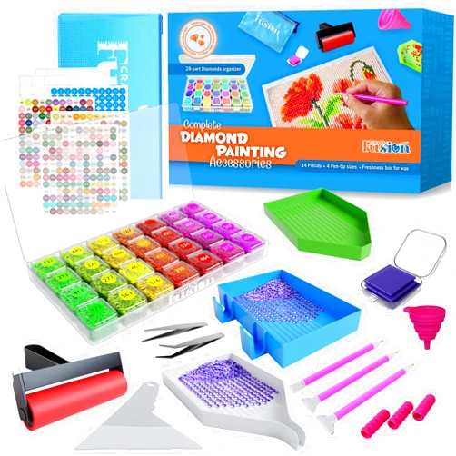 Craft Fusion Diamond Painting Tools and Accessories - Diamond Art Kits for Adults and Kids - DIY Bead Organizer Box with Small Grid Storage Containers, 28 Parts, Includes Sticker Pack