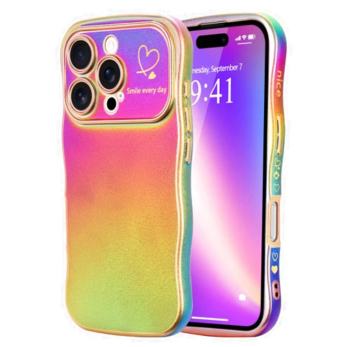 LCHULLE for iPhone 16 Pro Max Case for Women Girls, Cute Colorful Wave Frame Curly Shape with Love Heart Camera Protection Cover Luxury Plating Shockproof Phone Case for iPhone 16 Pro Max, Dark Purple