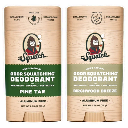 Dr. Squatch Natural Deodorant for Men - Odor-Squatching Aluminum Free - Pine Tar & Birchwood Breeze (2.65 oz, 2-Pack)