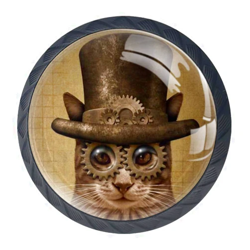 DJROW Steampunk Grunge Cat 4 Pcs Cabinet Knobs 35mm Round Drawer Kitchen Cabinets Dresser Cupboard Wardrobe Pulls Handles