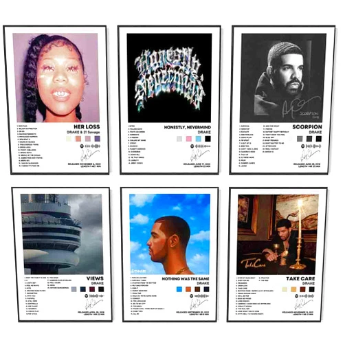 DIDIDO Drake Album Cover Signed Limited Poster Print Rapper Music Posters Canvas Wall Art Room Aesthetic Set of 6 for Teen and Girls Dorm Decor 8x10 inch Unframed