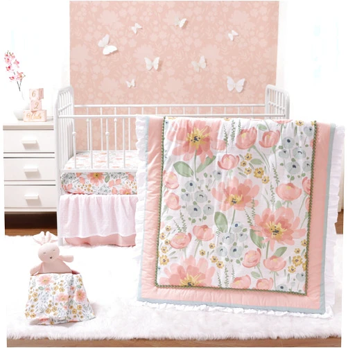 The Peanutshell 4 Piece Organic Cotton Baby Crib Bedding Set for Girls - Newborn, Infant & Toddler Nursery Bed Set Decor with Two Crib Sheets, Dust Ruffle, Crib Comforter - Wildflower