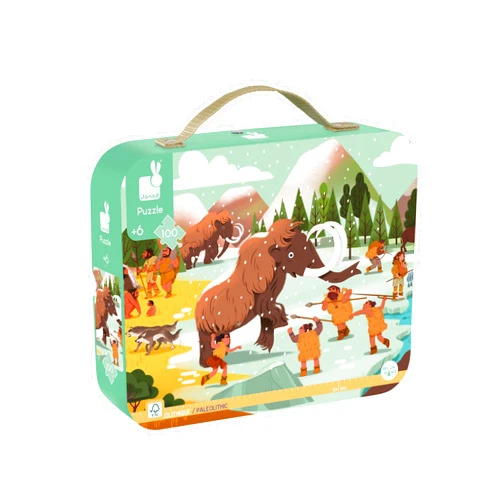 Janod 100 Pieces Children’s Jigsaw Puzzle - Prehistory Panorama - Giftable Carrying Case with Fabric Handle - Ages 6-10 Years - J02558