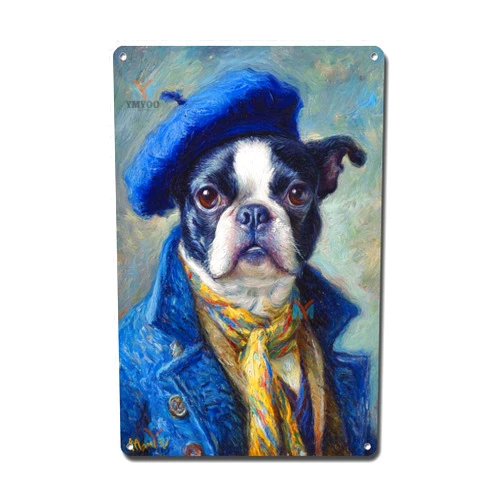 Ymyoo Decorative Tin Sign Vintage Wall Art Decorative Tin Signs Monet Style Boston Terrier Dog for Urban Home Decor Pet Shops and Trendy Studios Easy Install Rustproof Aluminum 6×8 Inches