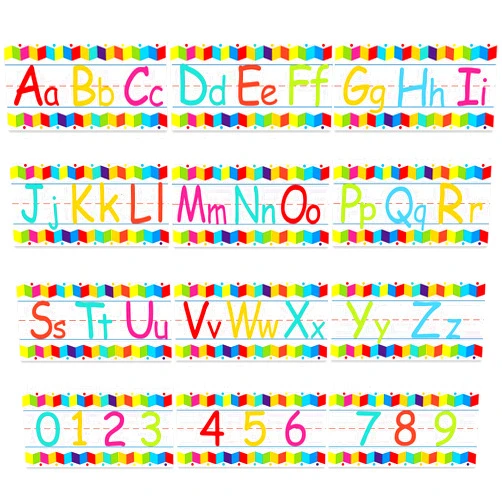 Outus 12 Sheets Alphabet Line for Classroom Wall Alphabet Numbers Strip Bulletin Board Set for Classroom Decorations Including Numbers 0-9 and Adhesive Dots for Pre School Kindergarten Wall Decor