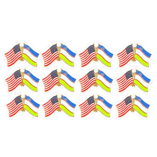World Flags Direct BOX of 12 Uzbekistan & US Crossed Flag Lapel Pins, Uzbek & American Double Friendship Pin Badge
