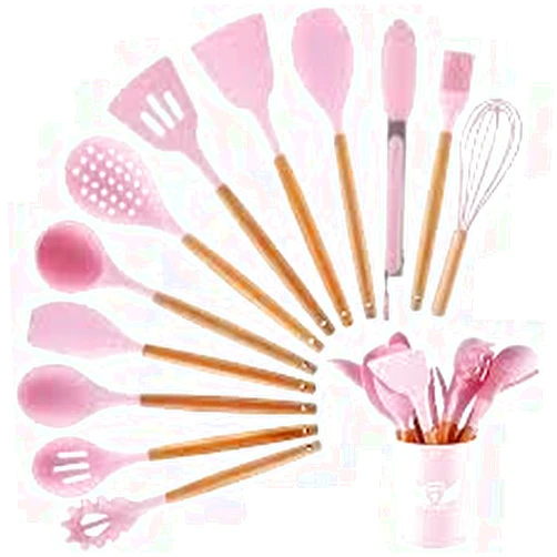 Generic Silicone Cooking Utensils Kitchen Utensil Set, 12 PCS Wooden Handle Nontoxic BPA Free Silicone Spoon Spatula Turner Tongs Kitchen Gadgets Utensil Set for Nonstick Cookware with Holder (Pink)