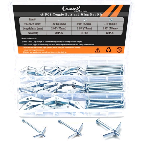 Camtek 48PCS Toggle Bolt and Wing Nut Set, Camtek Toggle Bolt Zinc Plated Steel Phillips Round Head Toggle Bolt and Wing Nut Assortment Kit for Hanging Heavy Items on Drywall -3 Sizes(1/8'', 3/16'', 1/4'')