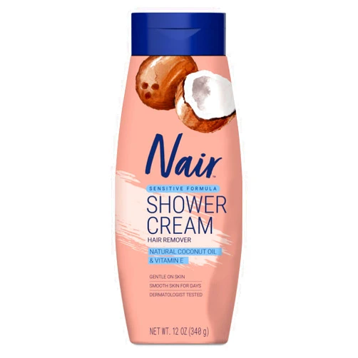 NAIR Sensitive Shower Cream Hair Remover with Natural Coconut Oil and Vitamin E, Body Hair Removal Cream for Women, 12 oz