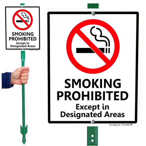 SmartSign 12 x 10 inch “Smoking Prohibited Except In Designated Areas” Yard Sign with 3 foot Stake, 40 mil Laminated Rustproof Aluminum, Red, Black and White, Set of 1, Made in USA
