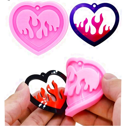 Shining queen Flame Heart Silicone Resin Mold Valentine’s Day Heart Shape Keychain Resin Mold Expoy Resin Casting Mold for Jewelry and Pendant Making Ideal Gift Necklace Crafts Making