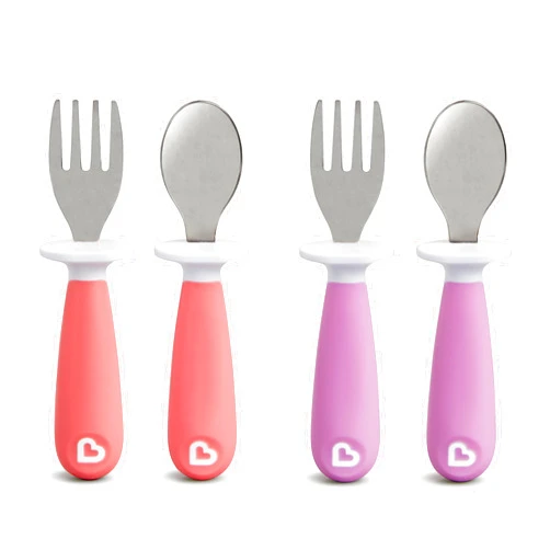 Munchkin® Raise™ Toddler Fork and Spoon Utensil Set, Rest Keeps Tip Off Table, BPA Free, 4 Pack, Pink/Purple