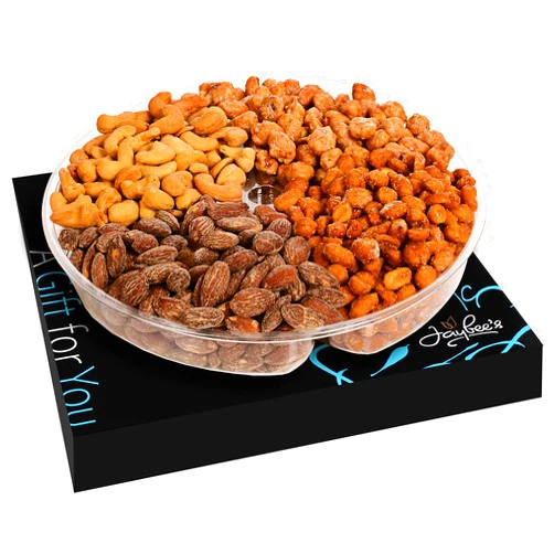 Jaybee's Nut Gift Basket - Gourmet Roasted Cashews, Smoked Almonds, Toffee Peanuts, Honey Roasted Peanuts | Valentines Day Gifts & Corporate Gift Box | Mixed Nuts Platter for Family, Friends, Clients & Employees - 22 oz Tray | Jaybee’s