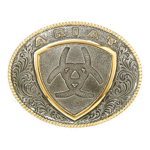 ARIAT Oval Buckle with Shield Logo, Dual Antique Silver and Gold Finish, 3