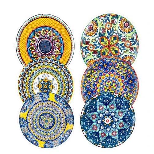 HENXFEN LEAD Dinner Plates Set of 6-10.5 Inch Large Dessert, Pasta, Salad Plate, Porcelain Colorful Serving Dishes for Kitchen & Restaurant, Dishware, Microwave & Oven safe - Bohemian Style