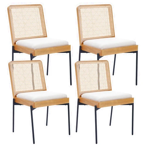 DUOMAY Modern Rattan Dining Chairs Set of 4, Linen Upholstered Kitchen Dining Room Chairs with Rattan Back, Accent Side Chairs with Black Metal Legs for Living Room Restaurant, Beige
