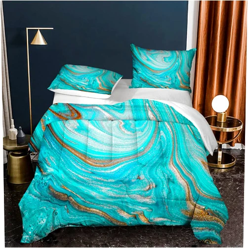 BIVVI Turquoise Vortex Quicksand Marble Comforter Set with Gold Glitter Modern Artwork Abstract Marbling Bedding Sets Boys Girls Teens Bedroom Full Size Quilt Set with 2Pillowcases
