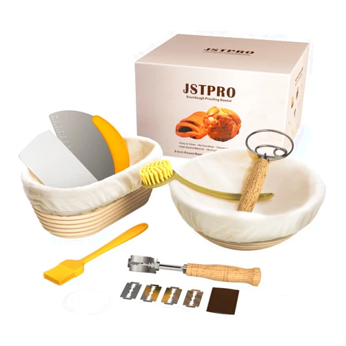 JSTPRO Banneton Bread Proofing Basket Set of 2, 9 Inch Round & 10 Inch Oval Proofing Basket, Sourdough Bread Baking Supplies with Bread Lame, Dough Whisk, Scrapers, Linen Liners, Brushes and Baking Stencils