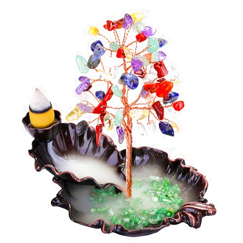 Top Plaza Waterfall Incense Burner, Backflow Burner Ceramic Stick Incense Holder Burner for Yoga Meditation, Leaf Shape Incense Crystal Tree Holder Aromatherapy Home Decoration-7 Chakra