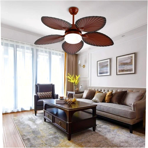 GDAE10 42Inch Tropical Ceiling Fan Outdoor Downrod Ceiling Fan w/Remote,Sunset Bowl Light, Five Hand Carved Wooden Leaf Blades 3 Speed＆3 Color for Dining Bed Room Patio Porch