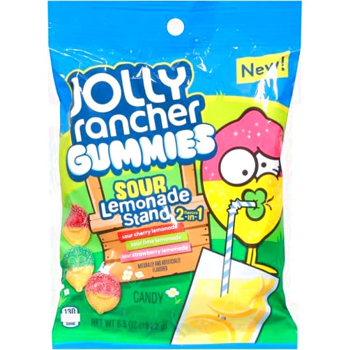 JOLLY RANCHER Gummies 2 In 1 Sour Lemonade Stand Flavors Peg Bag (Sour Cherry Lemonade, Sour Lime Lemonade and Sour Strawberry Lemonade) 6.5Oz