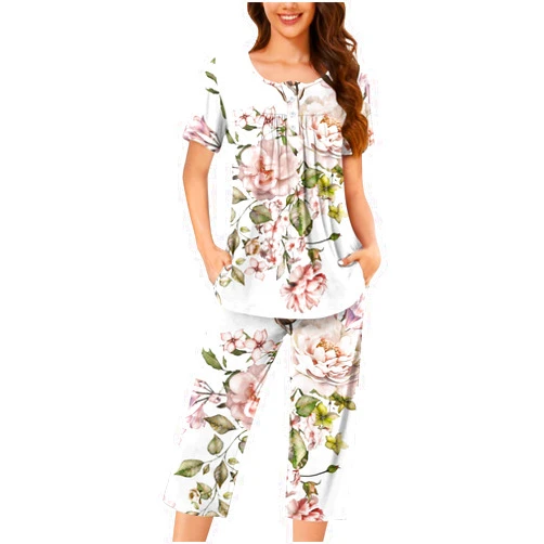 Generic Pajamas for Women Set Basic Summer Loungewear 2024 Soft Pleated Front Button Down Neck Short Sleeve Loose Fit 2 Piece Outfits