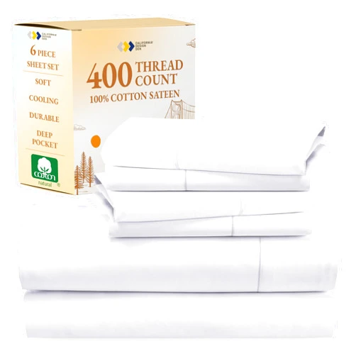 California Design Den 6-Pc Queen Size Sheet Set with 4 Pillowcases - 400 Thread Count 100% Cotton Sheets, Cooling Sateen Weave, Luxury Deep Pocket Bedsheets Set - Bright White