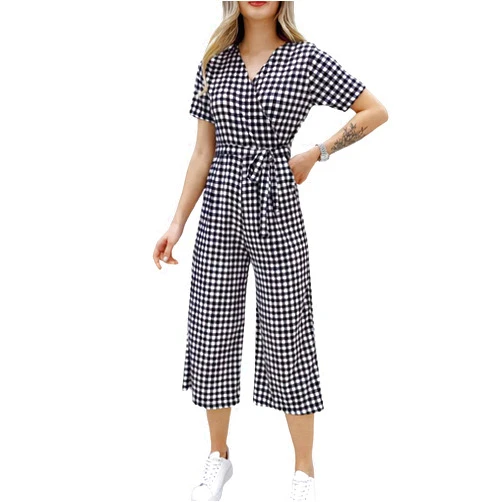 Kulegym Women V-Neck Dress Short Sleeve Overall Jumpsuit