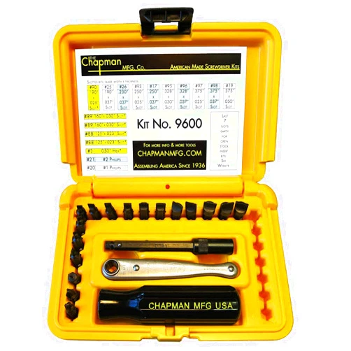 Chapman MFG 9600 Starter Slotted Screwdriver Set - 20 Pieces - Includes 14 Slotted Head Insert Bits, 2 Phillips, Mini Ratchet, Screwdriver Handle, Extension + Open Slots, USA Made (Yellow Case)