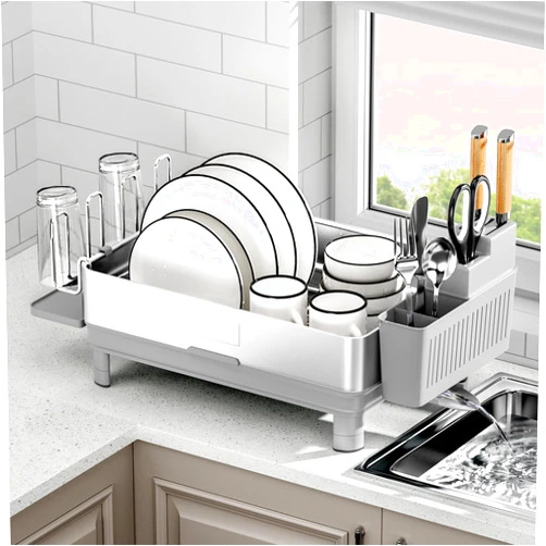SanDream Dish Drying Rack, Stainless Steel Dish Rack for Kitchen Counter,1 Tier Dish Drainer for with 360° Rotatable Drain Spout & Utensil Holder, Saving-Space Kitchen Organizer with Cups Holder,Grey