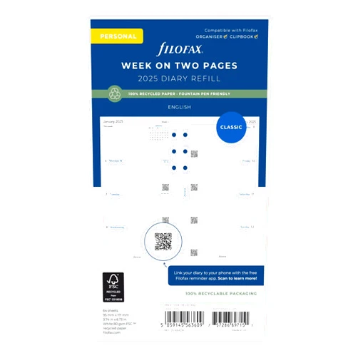 Filofax Calendar Diary Refill, Personal/Compact Size, Week-to-View, White Paper, Unruled, English, 2025 (C68421-25)