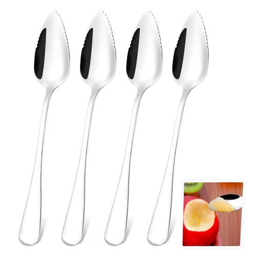 Molain Stainless Grapefruit Spoons Set, Silver Utensil Tool Serrated Edge Thick Gauge Handle with Non-stick Plating for Kiwi, Dessert, Apple, Citrus Fruit(4PCS)
