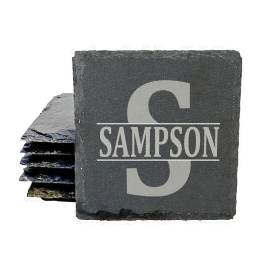 Elliefont Styles Custom Split Monogram Engraved Slate Coasters, Stone Drink Coasters, Coasters for Drinks, House Warming, Weddings, Couples, Anniversaries, Personalized Gifts, Coaster Set