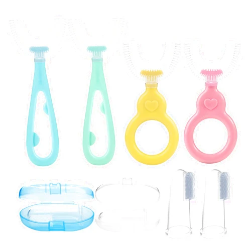 PandaEar 4 Pack U Shaped Toothbrush Kids Toddler with Soft Silicone Brush Head for Age 2-6, 2 Pack Silicone Baby Finger Toothbrush with Travel Storage Case for 3 months+, 360 ° Whole Mouth Toothbrush