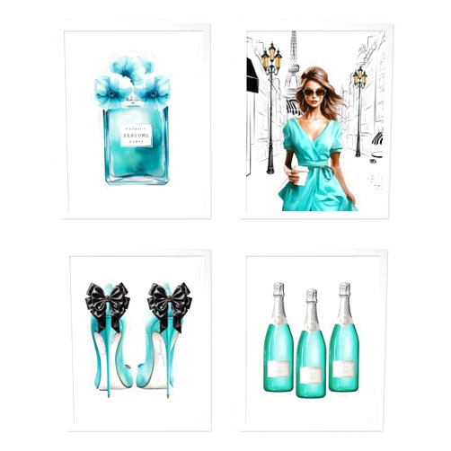 Poster Master 4-Piece Fashion Poster - Turquoise Blue Designer Print - Perfume Art - High Heels Art - Gift for Women & Fashionista - Glamour Decor for Bedroom or Girls Room, 8x10 White Framed