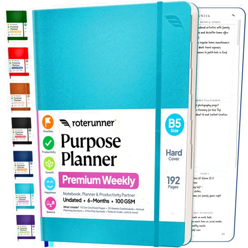 Roterunner Purpose Planner Notebook B5 Hardcover 7.5”x9.8”- Teal Undated Daily, Weekly, and Monthly 2026 - Productivity & Goal Setting Tool for Work, Home, and Self-Care - ADHD & Journal for Adults
