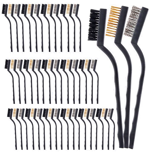 HOZEON Mini Wire Brushes Set, 48 PCS Stainless Steel/Brass/Nylon Cleaning Brushes, Wire Bristle Brush with Curved Handle Grip, Wire Brush for Cleaning Rust, Paint Stripping, 7 Inch