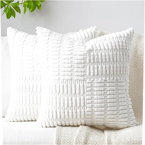 DEZENE Patchwork Throw Pillow Covers Set of 2 Striped Soft Corduroy Square Decorative Couch Pillow Cases Boho Accent Farmhouse Home Decor for Bed Sofa Living Room, White, 20x20-Inch
