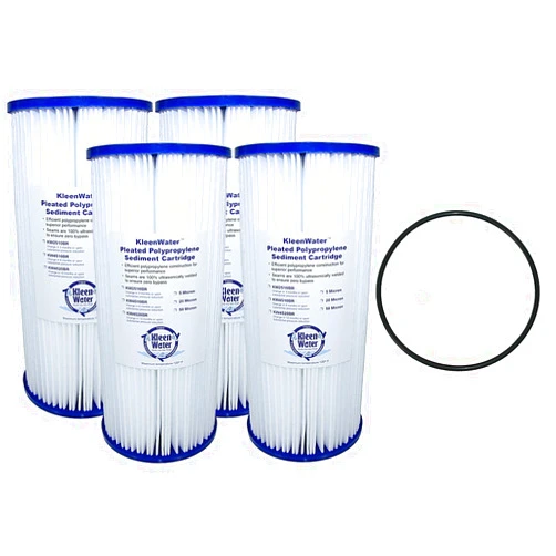 KleenWater KW4510BR Replacement Water Filter Cartridge, Made in USA Pleated Dirt Rust Sediment Filter, 50 Micron, Set of 4 with One O-ring for Wide Body Housings