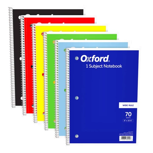 Oxford Spiral Notebook 6 Pack, Bulk Wide Ruled Spiral Notebooks for School, 1 Subject Journal, Wide Ruled Paper, 8 x 10-1/2 Inch, Blue, Yellow, Red, Light Blue, Green and Black, 70 Sheets (65010)